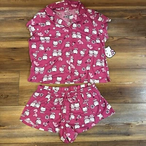 Hello Kitty Women 2 pc PJ Pajama Set Button Shirt Shorts Valentine’s Day M 8-10 - Picture 1 of 5