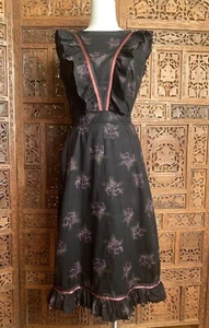 Vintage 70s Dress Purple Rose Print Ruffle Black Cotton Witchy Prairie Goth - Picture 1 of 5