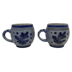 Marzi Remy 3141 Pottery Mugs Set 2 German Stein Blue Engraved Floral Cup Ceramic - Picture 1 of 14