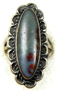 NATIVE AMERICAN STERLING Grey Red AGATE Cab HANDMADE Vintage RING size 8.0 - Picture 1 of 5
