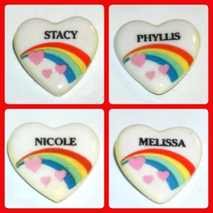 Rainbow Heart Pins on White Vintage 80's Pick Name Retro Girls Names Hat Bag Etc - Picture 1 of 8
