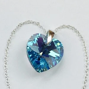 925 Silver Necklace Pendant Heart Aquamarine AB Made With Austrian Crystals - Picture 1 of 8