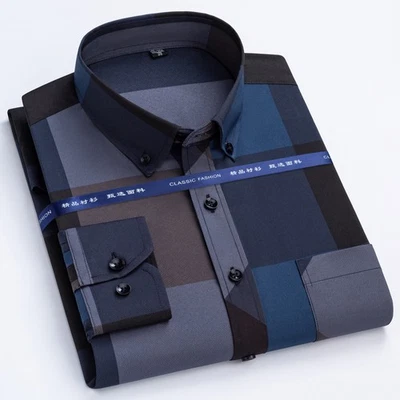 Camisas de vestir informales con botones de negocios manga larga para hombre Camisa con bolsillo Foto 1 de 4