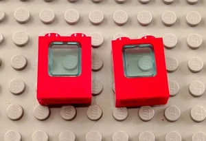 LEGO Lot of 2 Red 1x2x2 Airplane Windows with Translucent Light Blue Glass - Picture 1 of 1