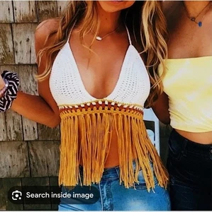 Boho Knit Fringe Halter Top 2X White Orange Red Blue Hippie Festival Reggae - Picture 1 of 6