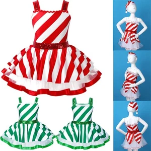 Girls Christmas Striped Camisole Dance Dress Ballet Leotard Gymnastics Dancewear - Picture 1 of 22