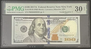 $100 BINARY FRN LOW 1 DIGIT FANCY SERIAL NUMBER PMG 30 EPQ (00000003) - Picture 1 of 2