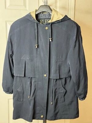 Fleet Street Hooded Jacket Womens Medium Blue Tan Rain Coat Zip Close - Image 1 of 4