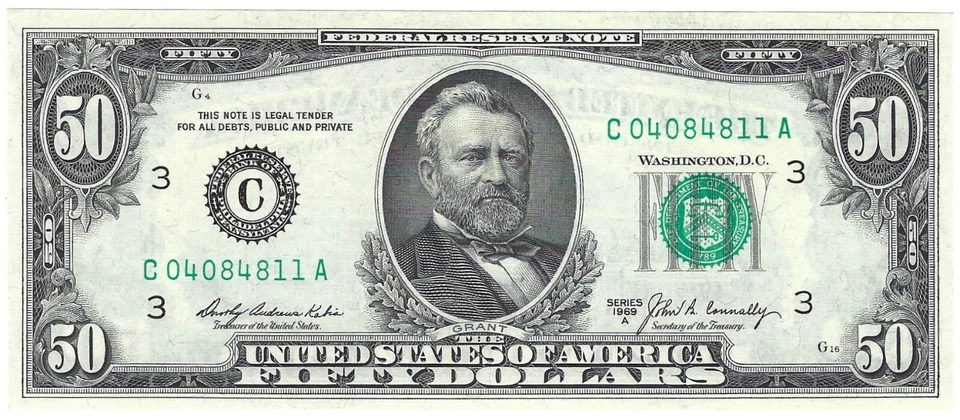 1969A Fifty Dollar Fancy Serial Number Note C04084811A Three pairs 0s 4s 8s - Image 1 of 2