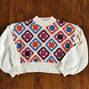 Debut Granny Square Crochet Knit Crew Neck Sweater Size M Boho Cottagecore - Picture 1 of 9