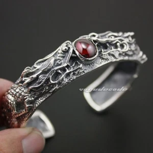 Brazalete de plata esterlina 925 piedra circonita roja dragón motociclista punk joyería 9A001A - Imagen 1 de 8