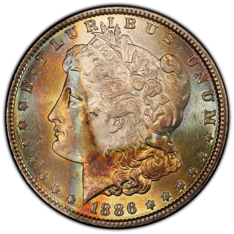 1886-P Morgan Dollar PCGS MS64 Golden EOR Defined Lines Rainbow Toned W/Video Cover