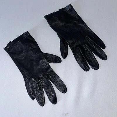 Vintage 80s Black Leather Driving Gloves Small Buttery Soft Lightweight Button - Image 1 of 4