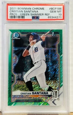 2021 Bowman Chrome BCP186 Cristian Santana Prospects Green Shimmer Ref. PSA 10 - Image 1 of 2
