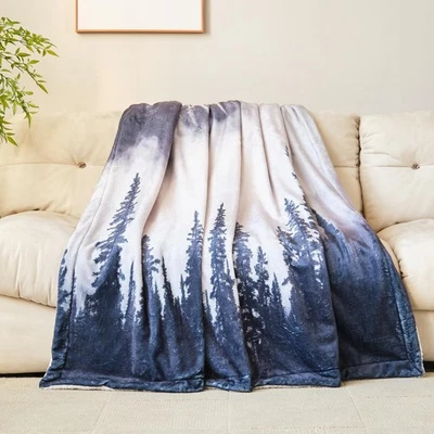 Reversible Sherpa Fleece Throw Blanket - Mountain in The Mist - Thick Fluffy ... - Image 1 of 4