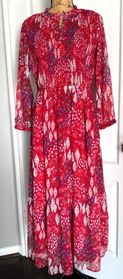 LOFT Midi Dress 3/4 Sleeve Smocked Swiss Dot Red Holiday Christmas Lined 8 8P - Image 1 of 4