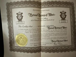 Certificado Academia Nacional de Música 1939 NY + Papel Pamplet Efímero - Imagen 1 de 5