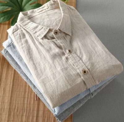 Spring New Linen Shirt Casual Men's Lapel Thin Seven-Point Sleeve Striped Shirt - Image 1 of 4