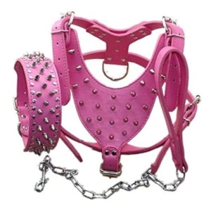 eather Spiked Dog Harness and Collar Set - Suitable forarge L Studs Hot Pink - Picture 1 of 8