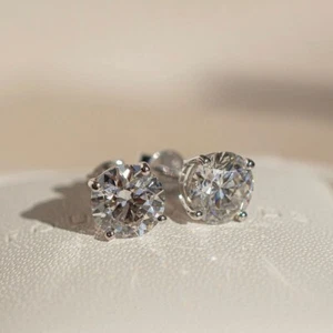 Moissanite Push Back Unisex Chapado en Oro Blanco 14k Certificado Corte Redondo 1.6CT - Imagen 1 de 6