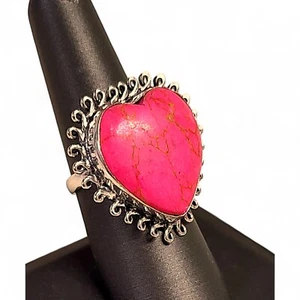Lady's Pink Turquoise Heart Ring 925 Sterling Size 7.75 - Picture 1 of 6