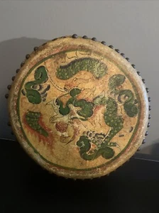 10" China Antique Old Wood Cowhide Carved Drum Clap Ceremonial Vintage Dragon - Picture 1 of 7
