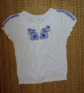 Cato Womens Baby Doll Top Blouse Large White Blue Floral Embroidery V Notch Lacy - Picture 1 of 9
