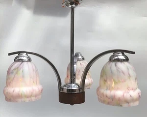 Genuine Art Deco Three Branch Pendant Light Chrome Spatter Glass Shades Bakelite - Picture 1 of 21