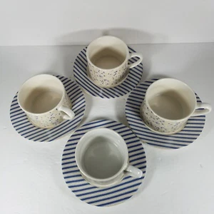 4 Nautica Bermuda Calico Blue Striped/Floral Coffee/Tea Cups & Saucers Portugal - Picture 1 of 12