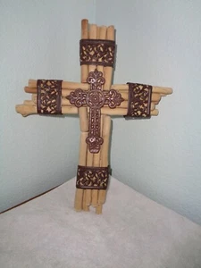 15"x13" Handmade Wooden Cross Wall Hanging Sticks Metal - Picture 1 of 2