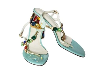 VINTAGE MULTI COLORED PRONG SET HUGE JEWELED SANDALS UNIQUE JEWEL ENCRUSTED HEEL - Picture 1 of 11