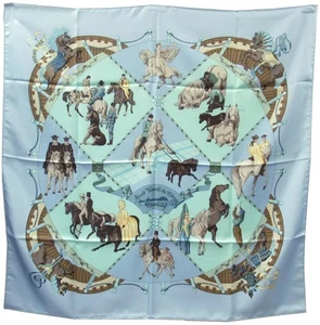 Hermes Carré 90 Musee Vivant du Cheval Chantilly Silk Scarf Blue W/Case Unused. - Picture 1 of 6