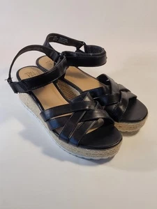 Time and Tru Espadrille Wedge Sandals Women's Size 9 Beige Black Ankle Straps - Picture 1 of 9