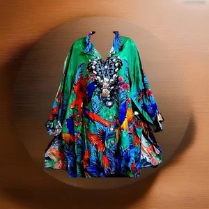 John Mark NWT Vibrant Parrot Peacock Art to Wear Boho Long Unique Tunic Plus M - Picture 1 of 6