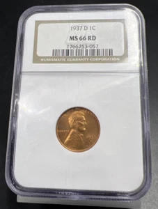 1937 D 1c Lincoln Wheat Cent Coin MS66 RD NGC #057 Gem BU UNC Certified - Picture 1 of 7
