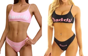 Sexy Yes Daddy Please Ropa Interior Top Bragas Bikini Conjunto Tanga Disfraz Negro Rosa - Imagen 1 de 10
