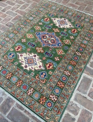 5x7 Ft Green Afghan Kazak - Tribal Oriental Area Rug - Afghan Hand knotted Veg - Image 1 of 4