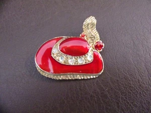 Enameled Red Hat Society Pin With Feather & Rhinestones - Picture 1 of 4