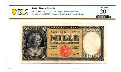 Italy: Banco d'Italia 1000 Lire 14.8.1947 Pick 88a. PCGS Very Fine 20 - Image 1 of 2