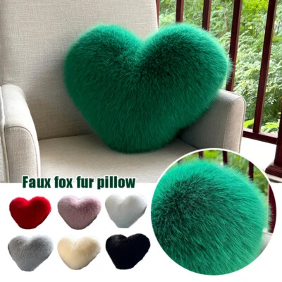 Romantic Heart Pillow Cushion Faux Fox Fur Soft Pillow Sofa Living Room for Love - Image 1 of 4