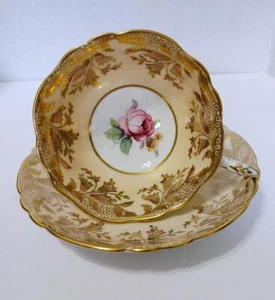 Taza de té y platillo centro repollo rosa rosa blanco centro dorado dorado - Imagen 1 de 10
