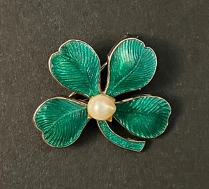 Vintage 4 Leaf Clover Good Luck Enamel Cultured Pearl Pendant And Brooch Or Pin - Picture 1 of 5