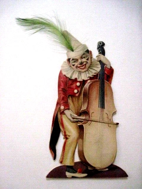 Fantástico violín de bajo troquelado de payaso vintage con pluma verde real * Foto 1 de 2
