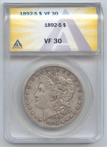 1892-S Morgan Silver Dollar, Scarce S Mint, ANACS VF-30 - Picture 1 of 2