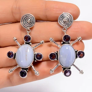 Blue Lace Agate Amethyst Gemstone Fashion 925 Silver Earrings 1.7" ARE-5041 - Picture 1 of 3