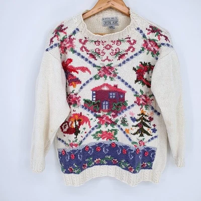 VTG 90s Crystal Kobe Floral Housecore Embroidered Novelty Heavy Knit Sweater L - Image 1 of 4