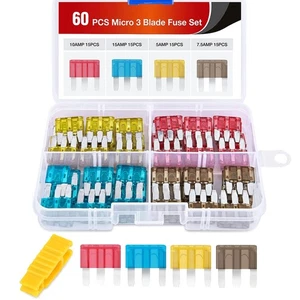 60pcs Mixed Automotive Car ATL Micro3 3 Prong Blade Fuses 5A 7.5A 10A 15A Kit - Picture 1 of 9