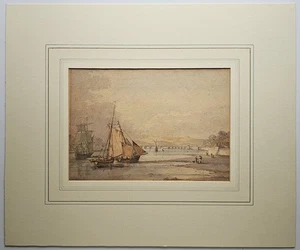Britisches Aquarell 19. Jahrhundert mit Feder und Tusche - Bideford Long Bridge - Bild 1 von 3