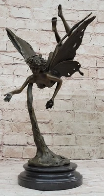 Handmade Nude Fairy Pure Bronze Fantasy Art Nouveau Winged Wood Nymph Sculpture - Image 1 of 4