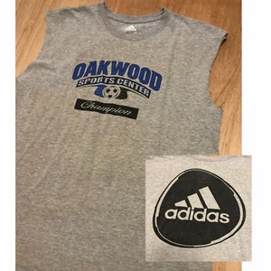 ADIDAS Graphic T-Shirt Sz L Oakwood Sports Center Cut-Off Sleeves Light Stains - Picture 1 of 14